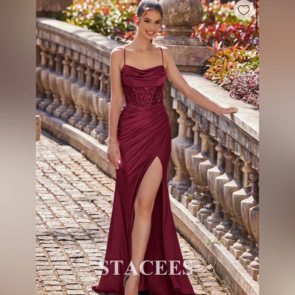 Stacees Burgundy Beaded Corset Evening Gown
